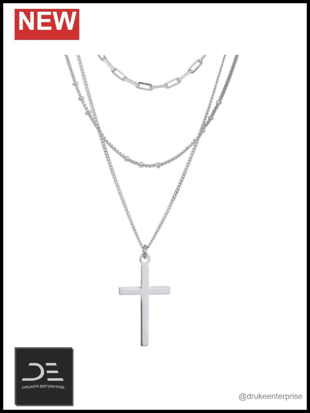 Sterling Silver Rhodium Plated 3 Layer Chain Necklace Cross Pendant
